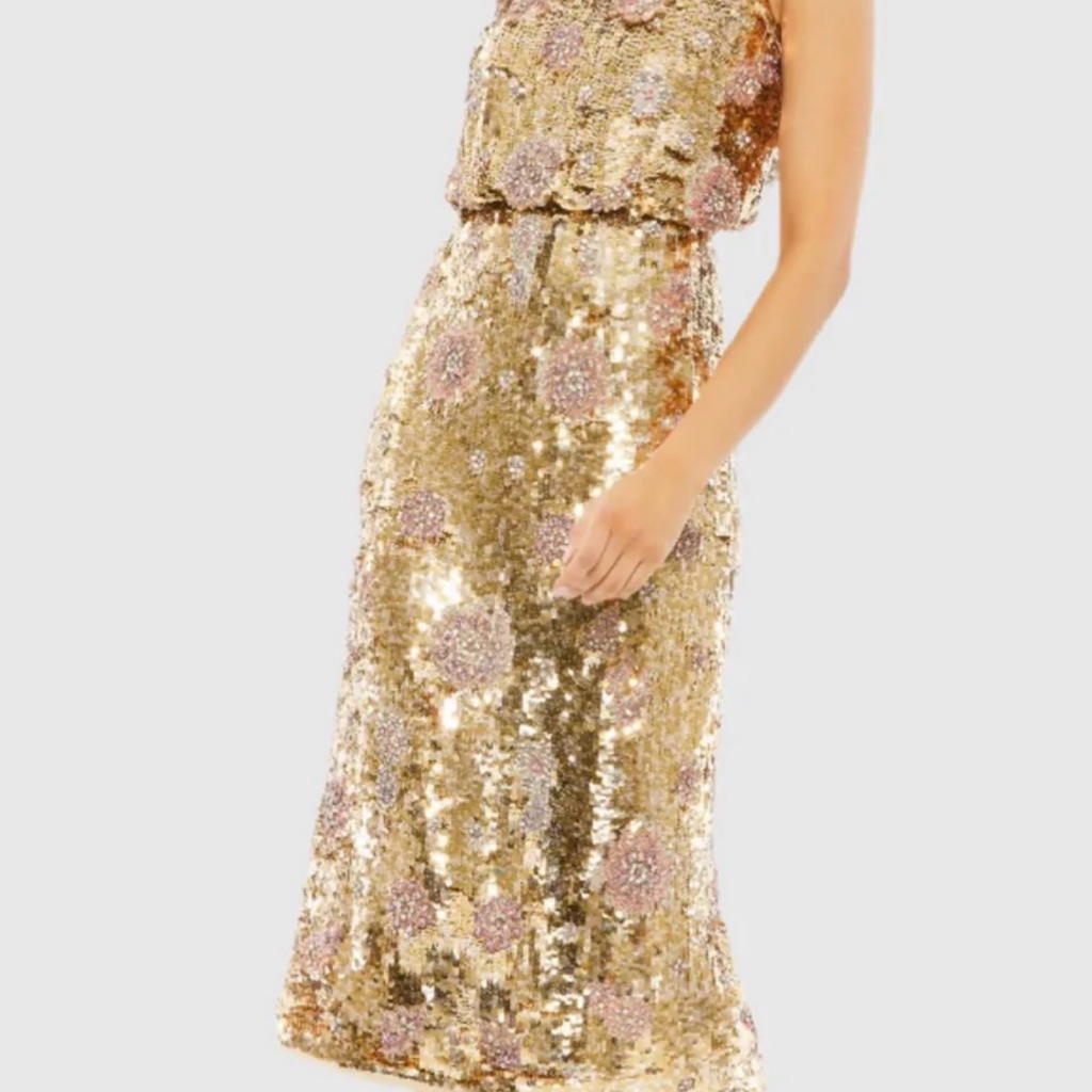 Mac Duggal Gold Sequin Midi Dress With Pink Floral Accents